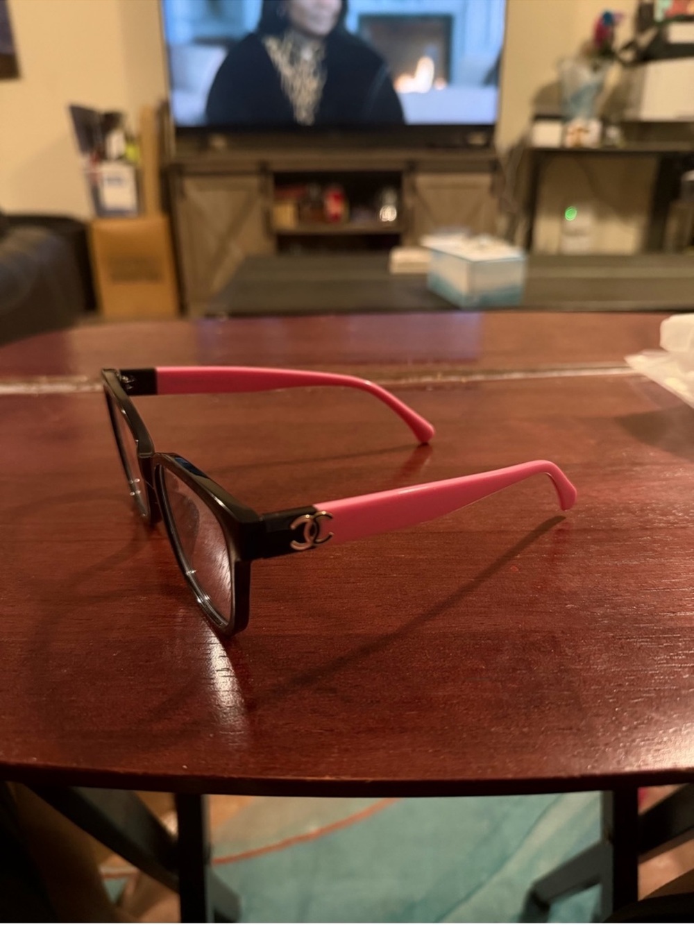 CHANEL Black Frame Glasses with Pink Temples
